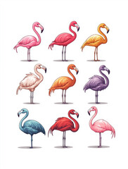 Obraz premium set of colorful flamingos, on a white background, watercolour illustration, cartoon character animal, idea for print t-shirt, poster and kids envelope, postcard. Hand drawn style