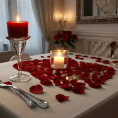 A stunning 3D render showcasing an intimate romantic scene with a crystal wine glass placed on a delicately crafted placemat. The placemat features vibrant stones and individual red roses, each cradli