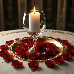A stunning 3D render showcasing an intimate romantic scene with a crystal wine glass placed on a delicately crafted placemat. The placemat features vibrant stones and individual red roses, each cradli