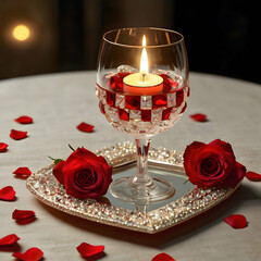 A stunning 3D render showcasing an intimate romantic scene with a crystal wine glass placed on a delicately crafted placemat. The placemat features vibrant stones and individual red roses, each cradli
