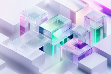 Fototapeta premium Isometric glassmorphism IT, web Agency, webscrapers, ai, white, green, blue, light colors, purple