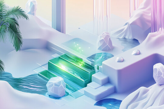 Isometric glassmorphism IT, web Agency, webscrapers, ai, white, green, blue, light colors, purple