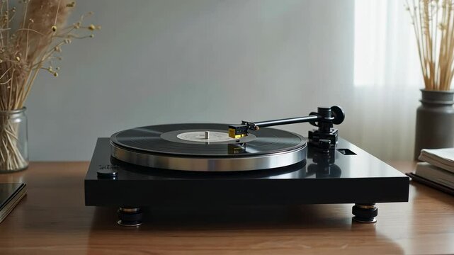 Modern turntable playing vinyl records on a wooden table with decorative plants in the background