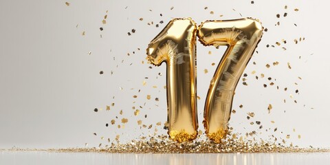 Glossy gold number 17 balloon celebration with glittering confetti for party decorations