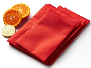Traditional Chinese red envelopes with citrus and golden coins for celebrations and prosperity