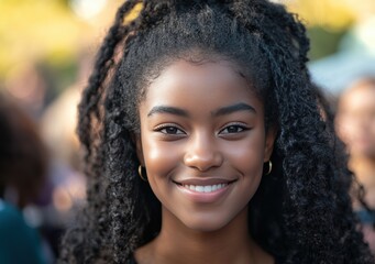A young Black woman in a vibrant sports outfit radiates positivity at an outdoor event, perfect for promoting fitness and wellness campaigns.