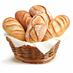 A basket filled with freshly baked bread rolls, showcasing a golden crust and soft interior, ideal for breakfast or a delightful snack.