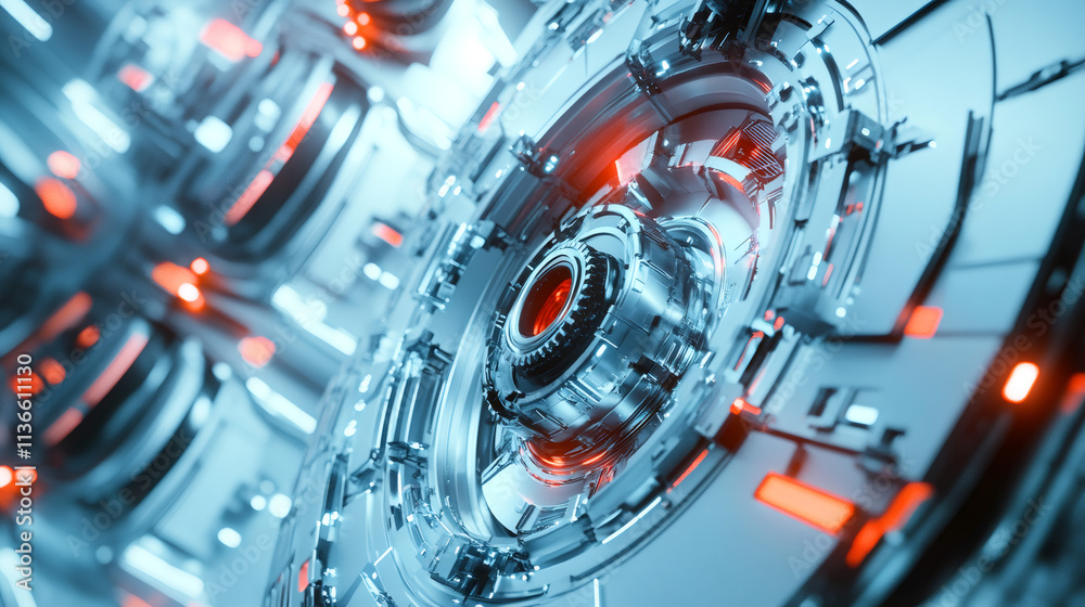 Poster detailed glimpse of a modern engine turning within a sophisticated system, showcasing vibrant red li