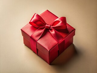 Obraz premium Red Gift Box Beige Background Minimalist Holiday Photography, Festive Celebration Image, Christmas Present