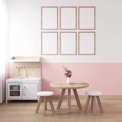Mockup in the children's room, Baby Room Mockup,Frame Mockup, Set of 6 Frames, Poster Mockups, Nursery Interior, boho, scandinavian, eco style,3d rendering, 3d illustration