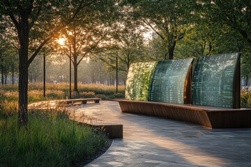 Sunrise illuminates a tranquil park pathway with a unique wooden bench and etched glass panels.