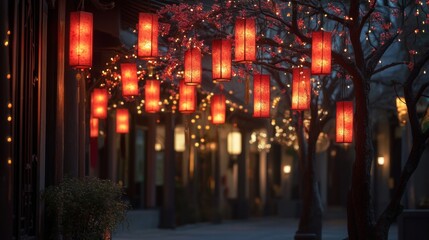 Chinese New year red paper latern decoration with lights on the street