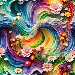 Vivid abstract floral waves with colorful flowers swirling in vibrant patterns, dynamic energy and intricate details