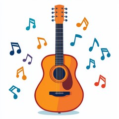 Naklejka premium A colorful illustration of an acoustic guitar surrounded by musical notes, symbolizing the joy and creativity of music.