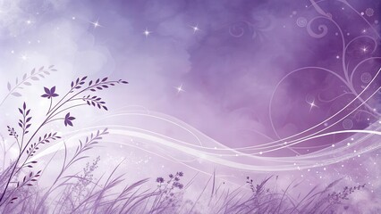 Abstract Purple Watercolor Background with White Lines and Floral Elements