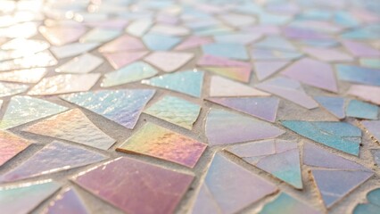 Obraz premium A close-up perspective of a mosaic surface with iridescent tiles in various shades of pink, blue, and white, showcasing a textured and visually captivating background