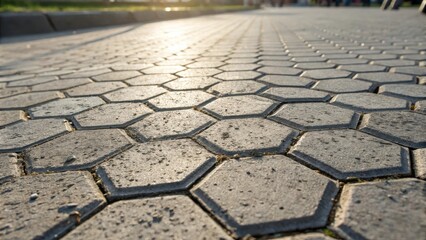 A low angle view of a gray cobblestone path, with the sun shining down, creating a dappled light effect on the surface.