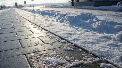 Obraz premium A crisp, white snowdrift frames a gray brick path, sunlight reflecting off the icy surface