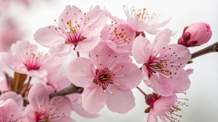 Delicate Pink Blossoms Unfurl on a Branch, Their Soft Petals Reaching Out to the Light