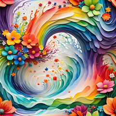 Vivid abstract floral waves with colorful flowers swirling in vibrant patterns, dynamic energy and intricate details