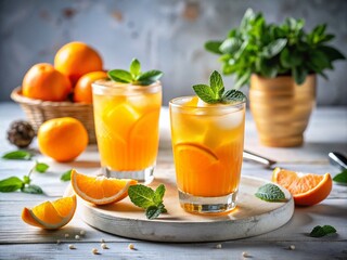 Fototapeta premium Refreshing Summer Vibes: Two Vibrant Orange Drinks on a Clean White Surface Perfect for Beverage Photography, Ideal for Food Blogs, Magazines, and Social Media Content