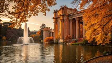 A golden autumn sunset illuminates a classic architectural structure, its pillars reflecting in the tranquil waters of a lake, while a graceful fountain erupts in a spray of water