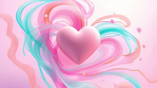 glossy pink heart at the center, surrounded by swirling pastel-colored ribbons of pink, blue, and peach hues.