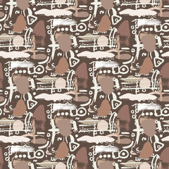 Obraz premium Abstract whimsical seamless pattern with hand drawn shapes on brown background. Minimalist neutral wallpaper