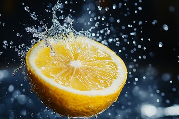 High-speed capture of a splash of water hitting a lemon slice - droplets frozen in mid-air.