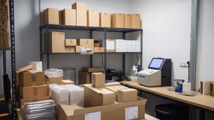 organized warehouse storage with shipping supplies and point of