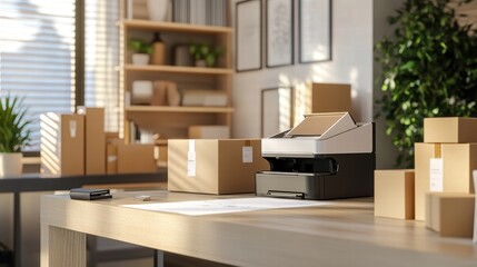 modern home office with printer and shipping boxes