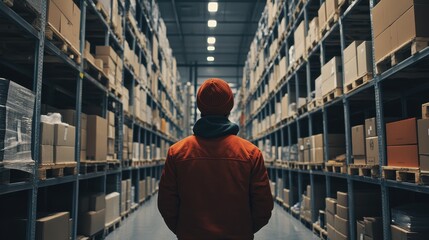 Warehouse Worker Navigating Rows of Shelves in a Large Distribution Center