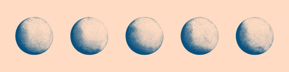 Blue Spheres with Hand Drawn Various Concentric Spiral Etching Isolated Vector Set on Beige Background. Vintage Style Handdrawn Engraving Round Cutout Clip Art. Blue Ink Hatching Art Illustration