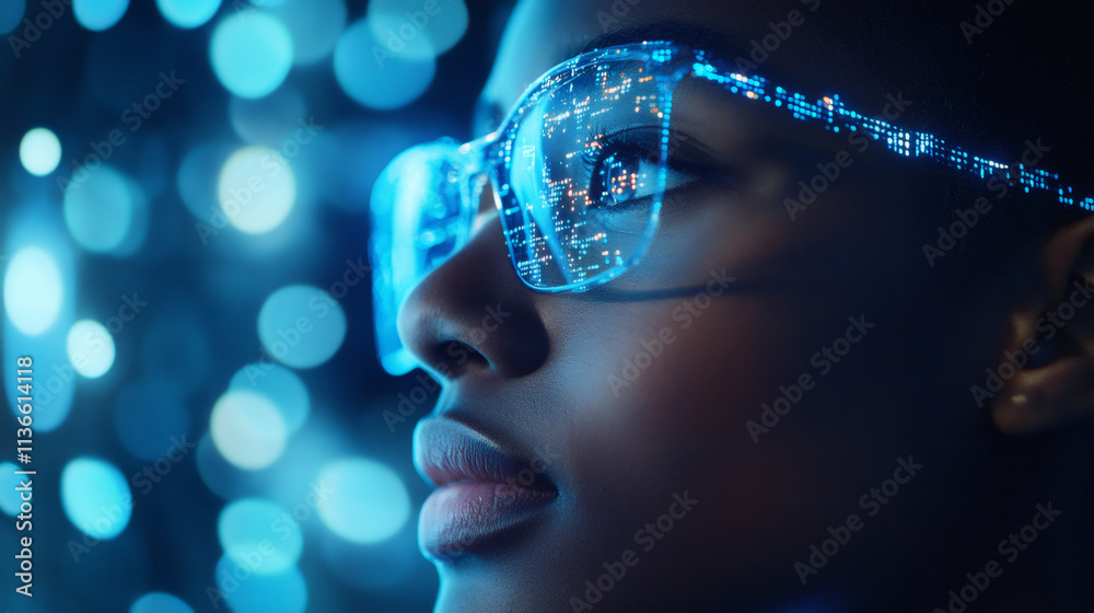 Poster software engineer with futuristic smart glasses displaying lines of code on the lenses, set against 