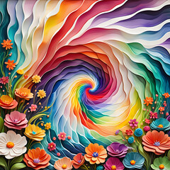 Vivid abstract floral waves with colorful flowers swirling in vibrant patterns, dynamic energy and intricate details