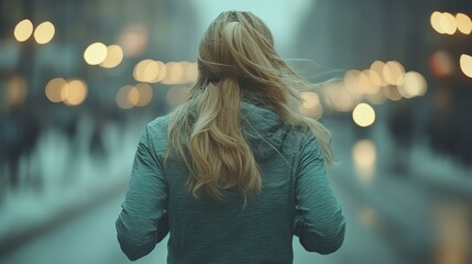 Urban Stroll. Highly sensitive person Intrusive thought Adhd music Femcel Grow therapy empathetic Artgrid Artlist Mindright Tunetank Blonde woman walking on city street in cold evening ligh