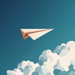 A paper airplane soars through a bright blue sky, surrounded by fluffy white clouds, symbolizing freedom and creativity.