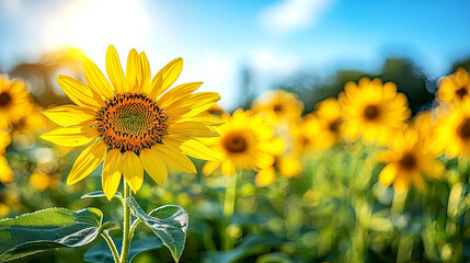 Obraz premium Sunlit sunflowers in a field.