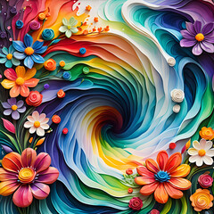Vivid abstract floral waves with colorful flowers swirling in vibrant patterns, dynamic energy and intricate details