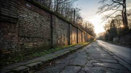 Fototapeta premium A long, cracked asphalt road runs beside a high brick wall, bathed in the golden light of the setting sun. The wall is covered in moss and shadowed by trees.