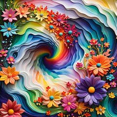 Vivid abstract floral waves with colorful flowers swirling in vibrant patterns, dynamic energy and intricate details