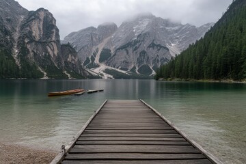 Serene Alpine Lake Scenery: A Picturesque Wooden Dock and Tranquil Waters, Majestic Mountains and Lush Forest, A Perfect Vacation Destination