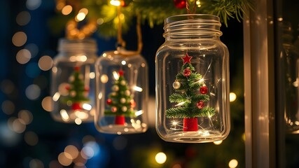 Closeup elegant Christmas tree and ornaments in hanging glass jar decoration with Fairy lights. Trendy vector illustration with Christmas decorative elements. Bright Christmas banners for ads, cover, 