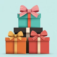 Colorful stacked gift boxes with bows, perfect for celebrations and special occasions, set against a soft pastel background.