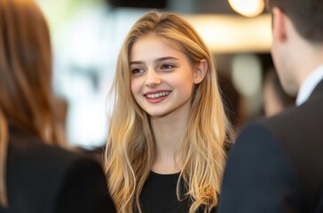 Fototapeta premium young woman with a confident smile interacts with professionals at a networking event, embodying openness and a strong networking purpose.