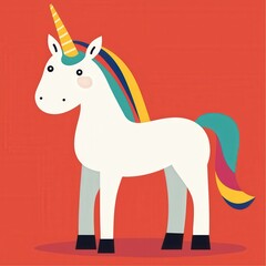 A colorful unicorn stands against a vibrant red background, showcasing its magical horn and rainbow mane in a playful, cartoonish style.