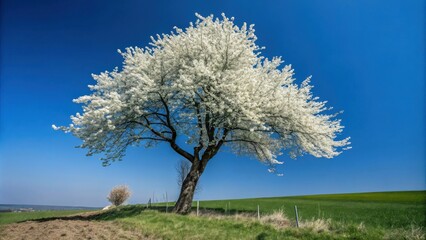 Naklejka premium A solitary tree with vibrant white blossoms stands proudly in a field of lush green grass, with a clear blue sky as the backdrop.
