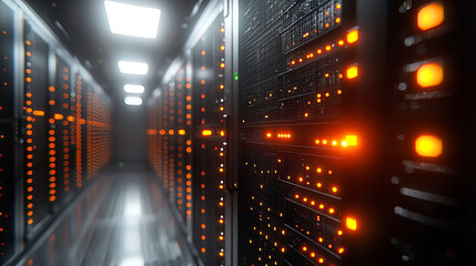 High tech server room with blinking lights and rows of network equipment