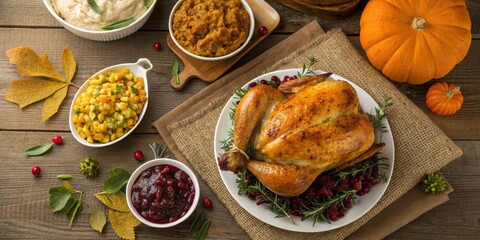 A golden roasted chicken surrounded by cranberries and rosemary on a rustic wooden table with autumnal decor, showcasing the essence of a celebratory feast.