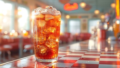  Ice-cold glass of classic soda pop with bubbles rising to the top